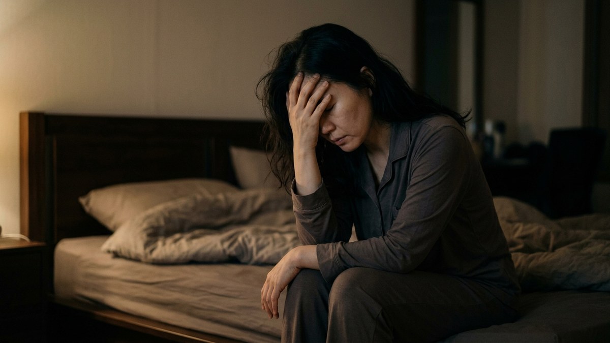 교통사고 후유증 두통과 불면으로 밤늦게 침대에 앉아 이마를 짚은 여성