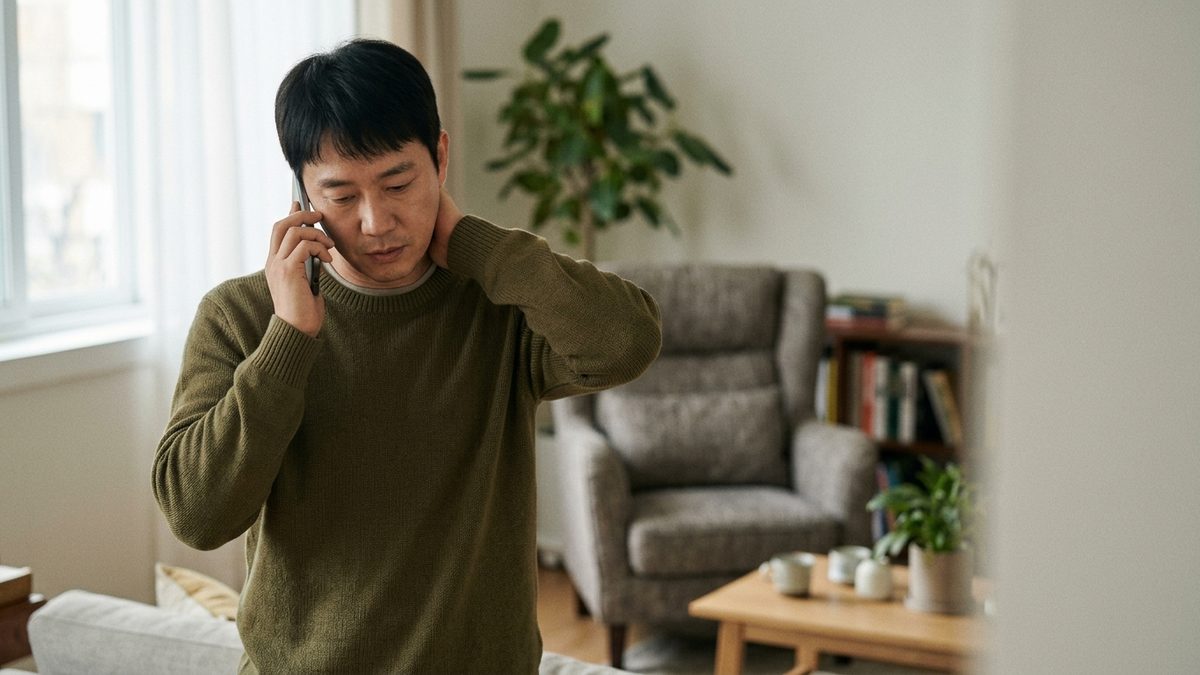 교통사고 뒤 거실에서 휴대폰으로 통화하며 뒷목을 짚고 있는 남성