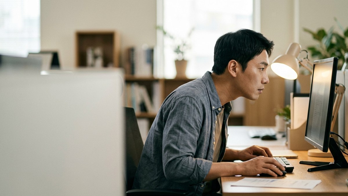 모니터 쪽으로 목을 앞으로 빼고 앉아 일하는 직장인의 옆모습
