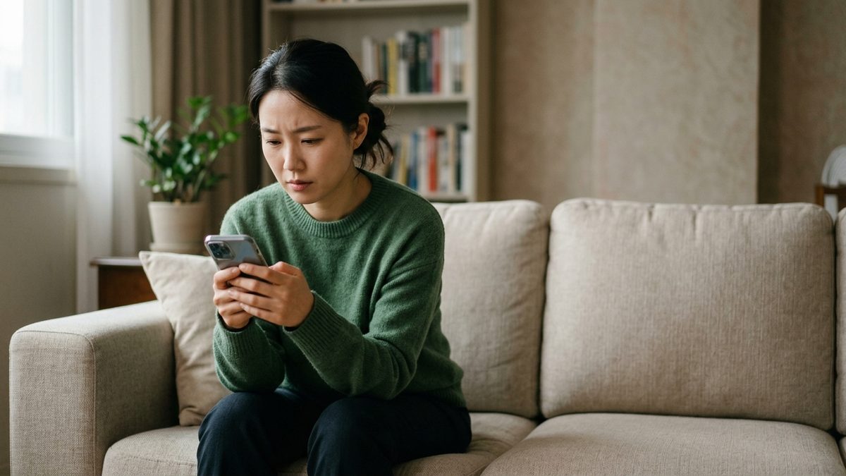 거실 소파에서 휴대폰을 보며 걱정스러운 표정을 한 여성