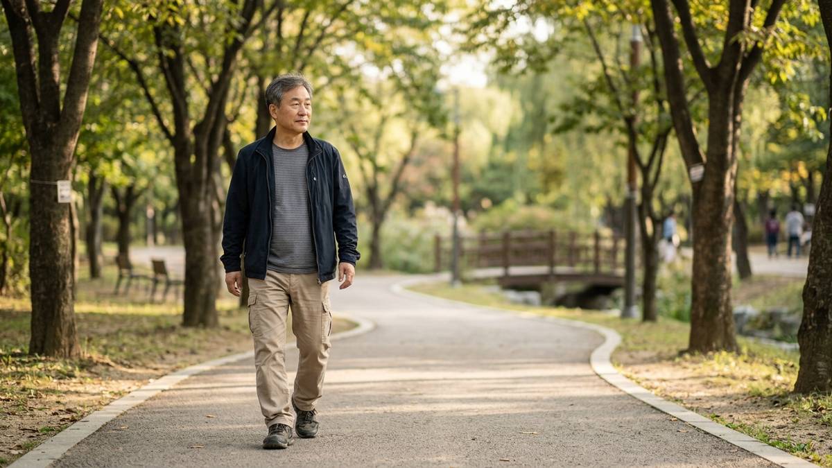 공원 산책로를 천천히 걷는 중년 남성