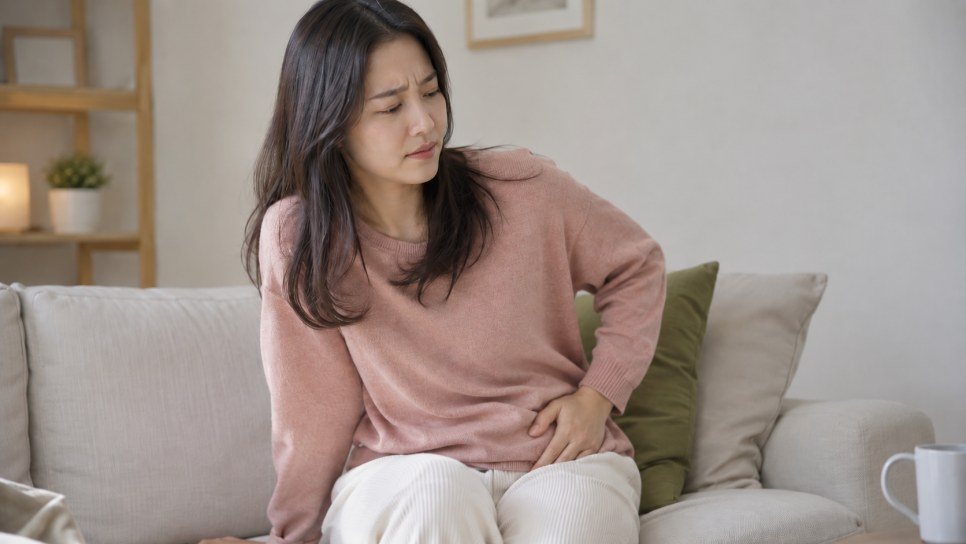 소파에 앉아 골반 옆을 짚고 불편해하는 여성