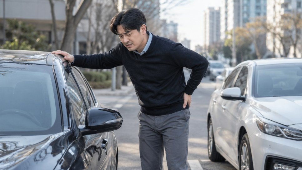 차 옆에서 허리와 골반을 짚고 몸을 숙인 남성