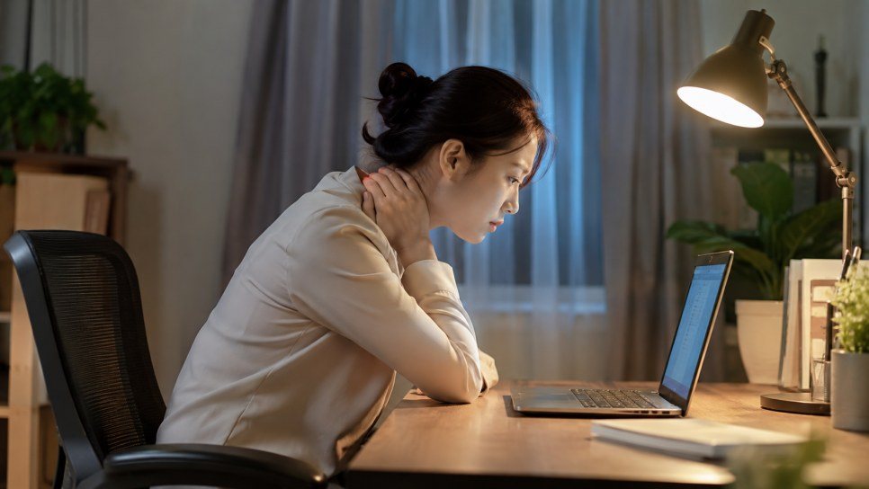 책상에서 노트북을 보며 뒷목을 잡은 여성